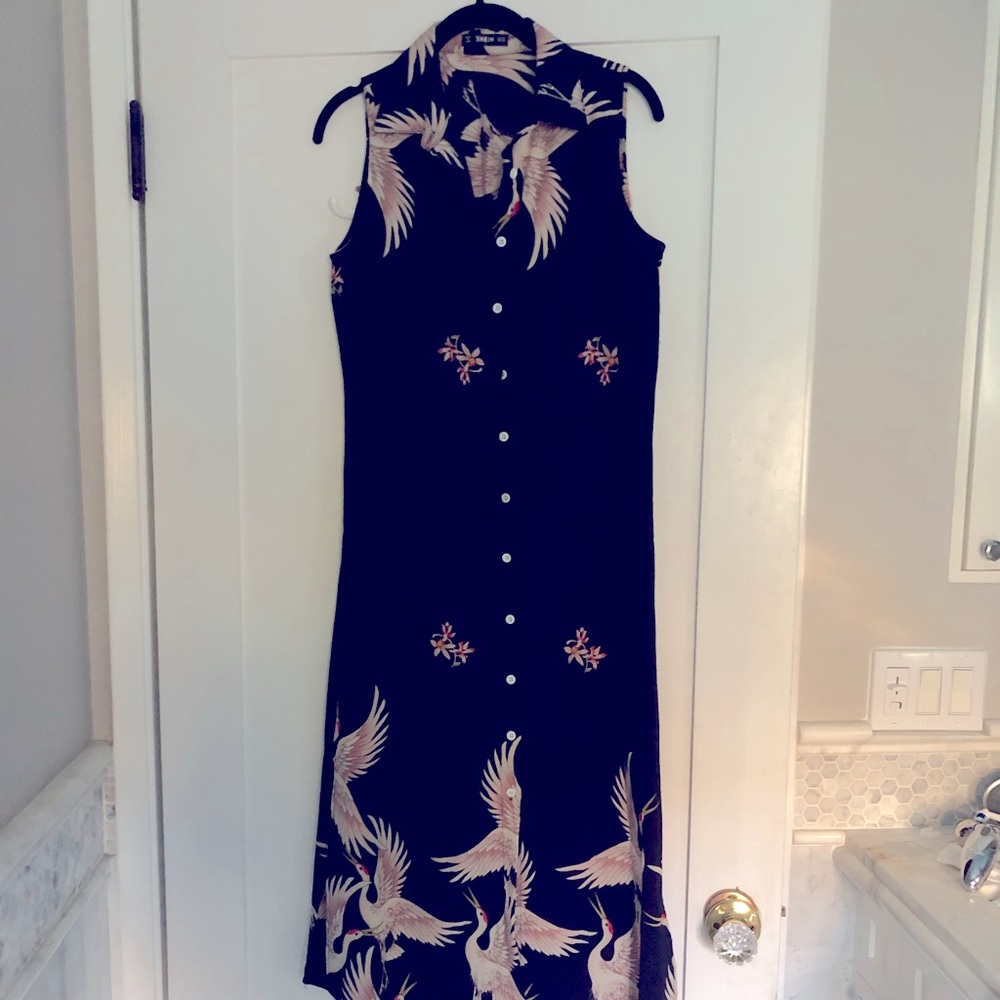 Navy blue dress with collar flying birds floral formal casual belt elegant top